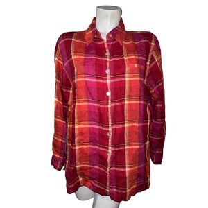 Chico's Design Women's Size L (2) Red Pink Orange Plaid Linen Button LS Shirt